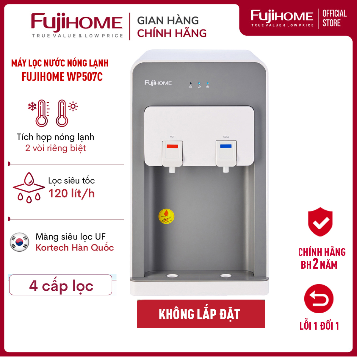 Máy lọc nước nóng lạnh để bàn cao cấp Fujihome WP507C, 4 cấp lọc với màng siêu lọc UF Kortech Hàn Quốc, làm lạnh bằng Block- Hàng Chính hãng