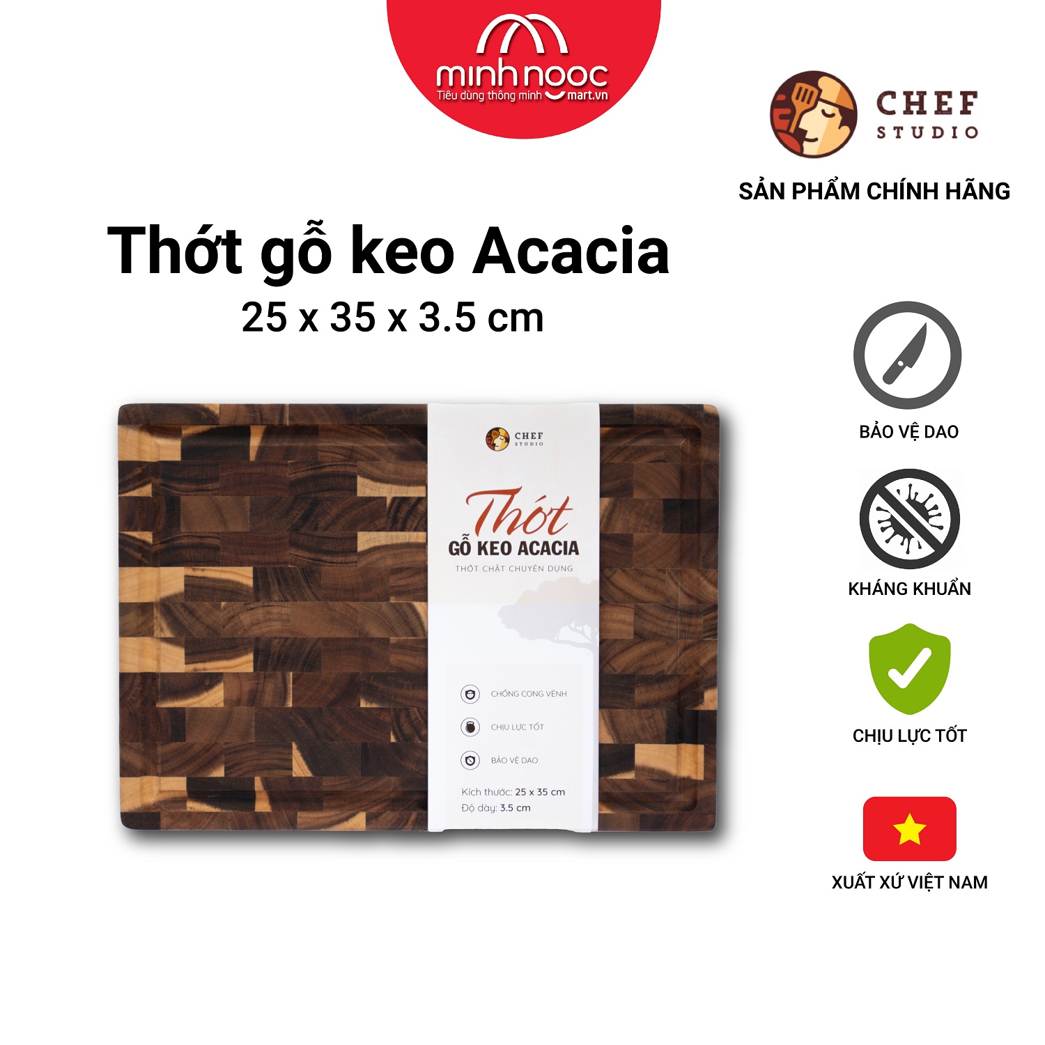 [ Hàng chính hãng ]Thớt gỗ keo (Acacia) Chef Studio chữ nhật size 25 x 35 x 3.5cm, Dùng bằm, chặt, thái, trưng bày thực phẩm