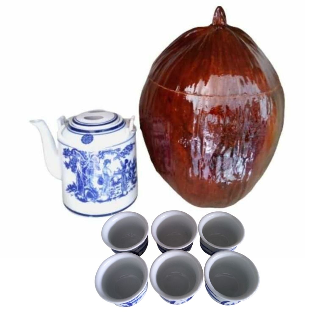 Bộ Giữ Ấm Bình Trà Trái Dừa Có Sơn Bóng Màu Nâu Đỏ, Bình Trà 1000 - 1200ml - Sản Phẩm Được Sản Xuất Tại Bến Tre