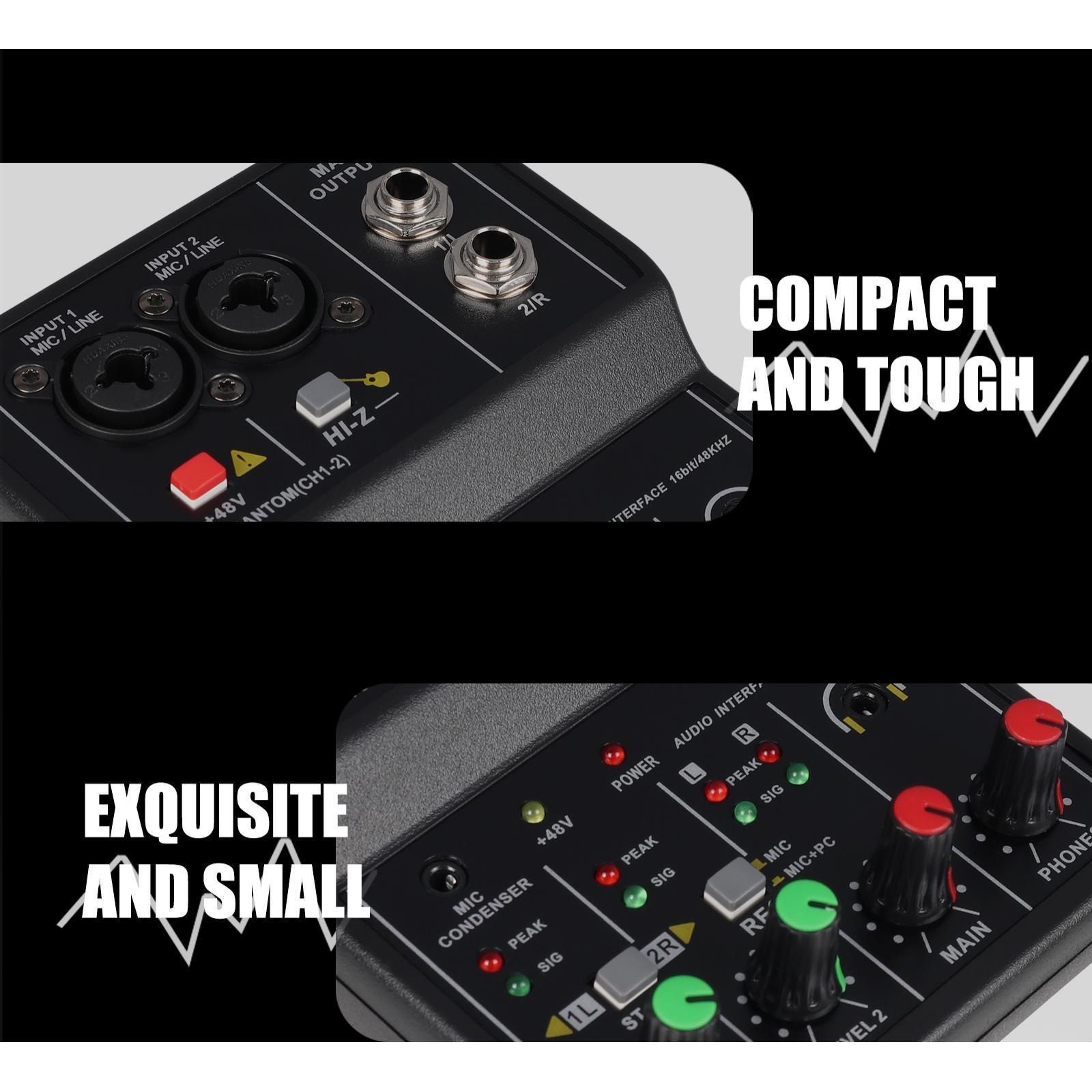 USB Audio Interface, Audio Mixer, 2 Channel with 48V  Power, 16Bit/49 KHz Low Latency Plug and Play for Recording  Podcasting