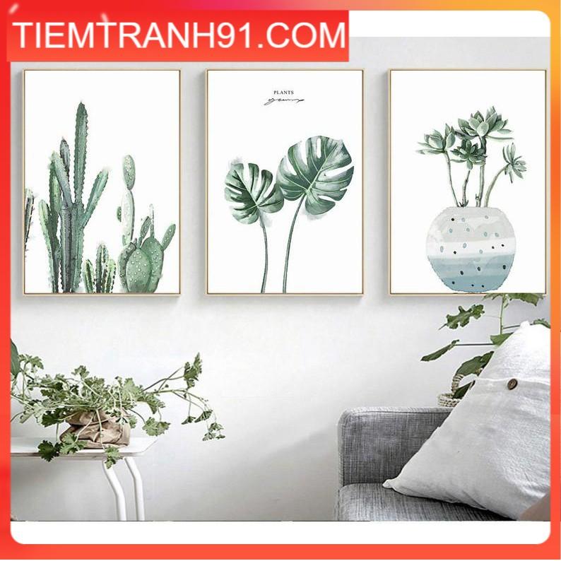 Tranh treo tường | Tranh cây lá nhiệt đới, bộ 3 tranh Màu nước Cây xanh, Cây xương rồng, trang trí tường nhà