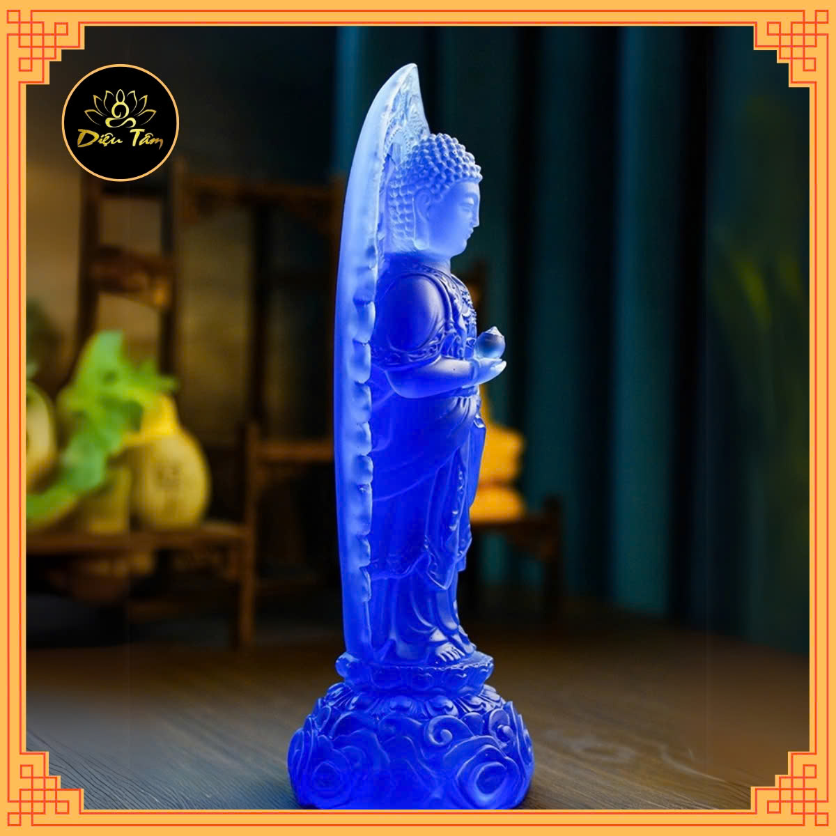 Tượng phật dược sư lưu ly tượng dược sư đứng hào quang xanh dương trang trí 23cm phong thủy, thờ cúng Diệu Tâm