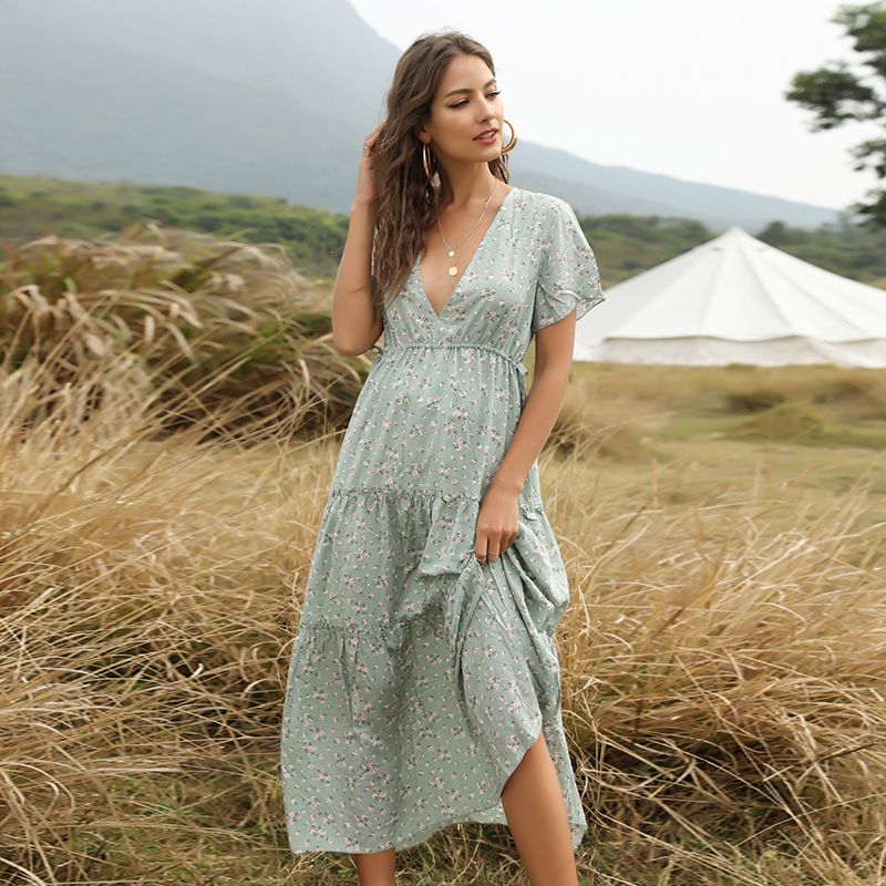 Boho Women Dress Floral Print Deep V Neck High Waist Ruffle Split Beach Maxi Gown Elegant Party One-Piece