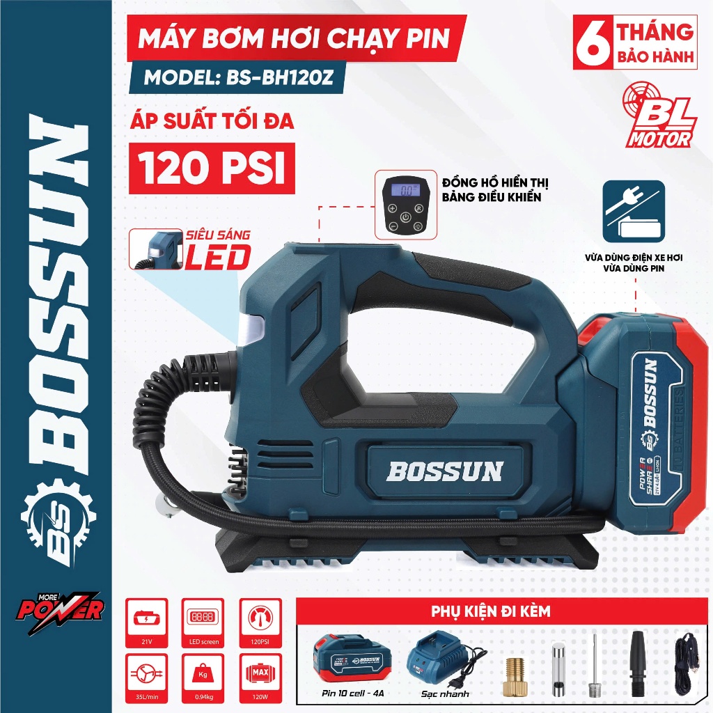 Máy bơm hơi pin BS BOSSUN BS-BH120Z Áp suất 120PSI, Vừa dùng điện xe hơi vừa dùng pin chân phổ thông