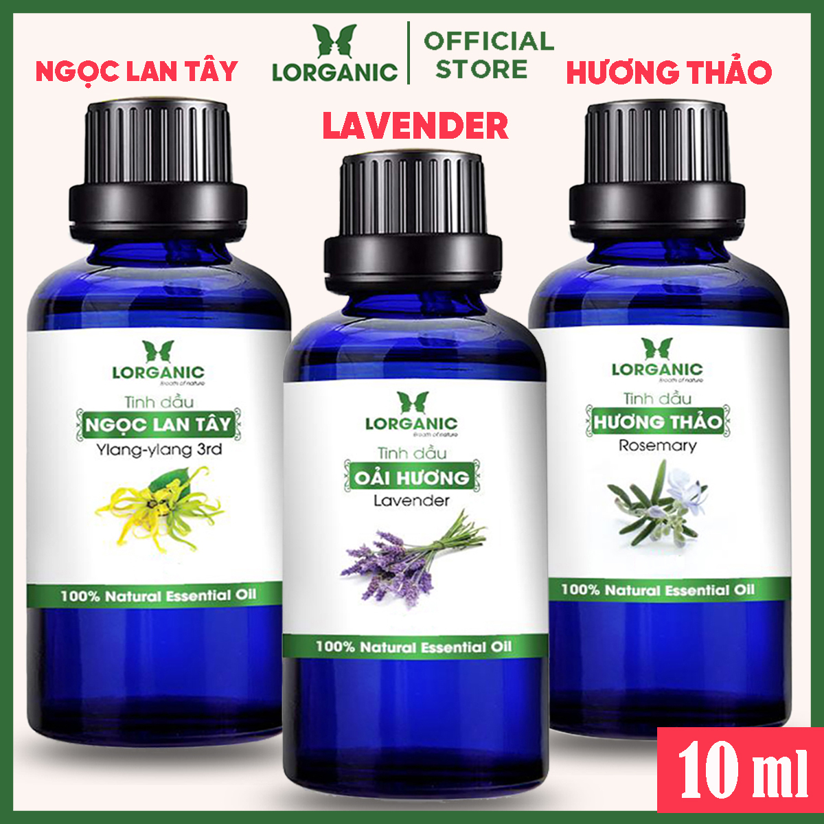 Combo 3 Tinh Dầu LORGANIC / Nhiều Mùi Hương / Xông Phòng Thư Giãn, Đuổi Muỗi 10m / Sả Chanh, Oải Hương Lavender, Ngọc Lan Tây, Hương Thảo, Stress Relief, Quyến Rũ Sensualy (10ml)