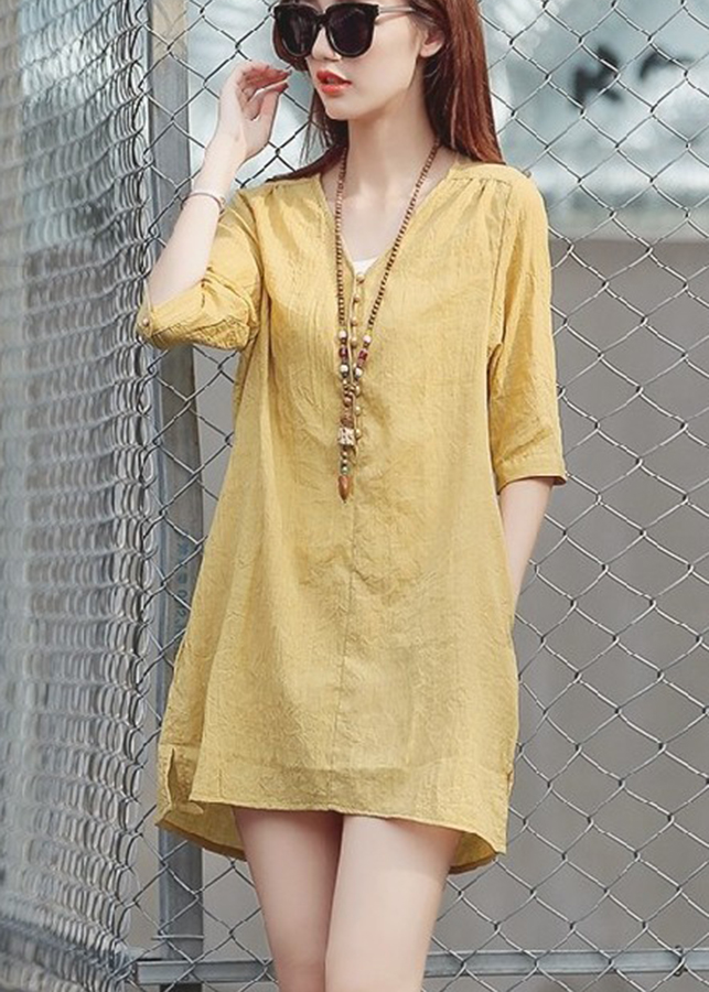 Đầm suông tay lỡ xẻ tà phong cách Hàn Quốc - DS37 - Vàng - 2XL
