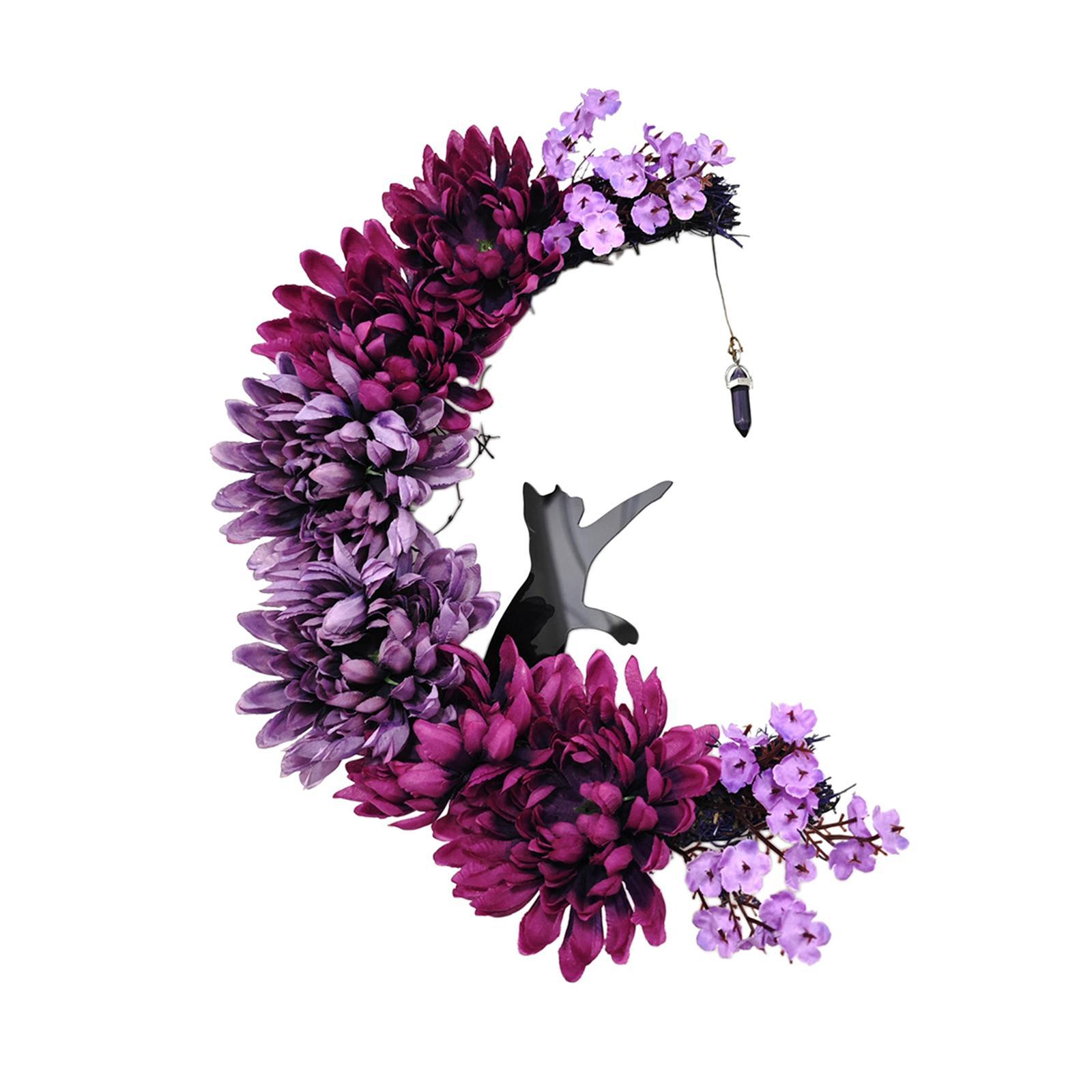 Halloween Moon and Cat Hanging Garland Wreath Decoration 35x25cm for Front Door