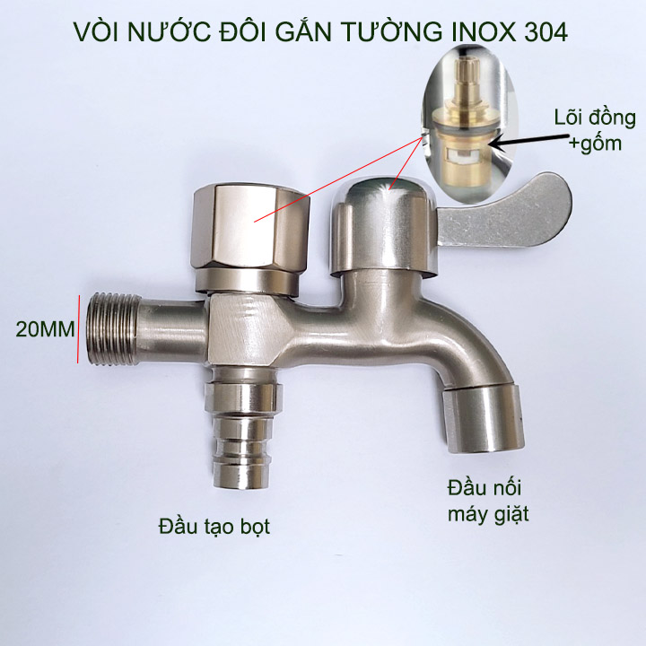 Vòi nước đôi bằng inox 304 gắn tường G03B với 01 đầu vào 2 đầu ra