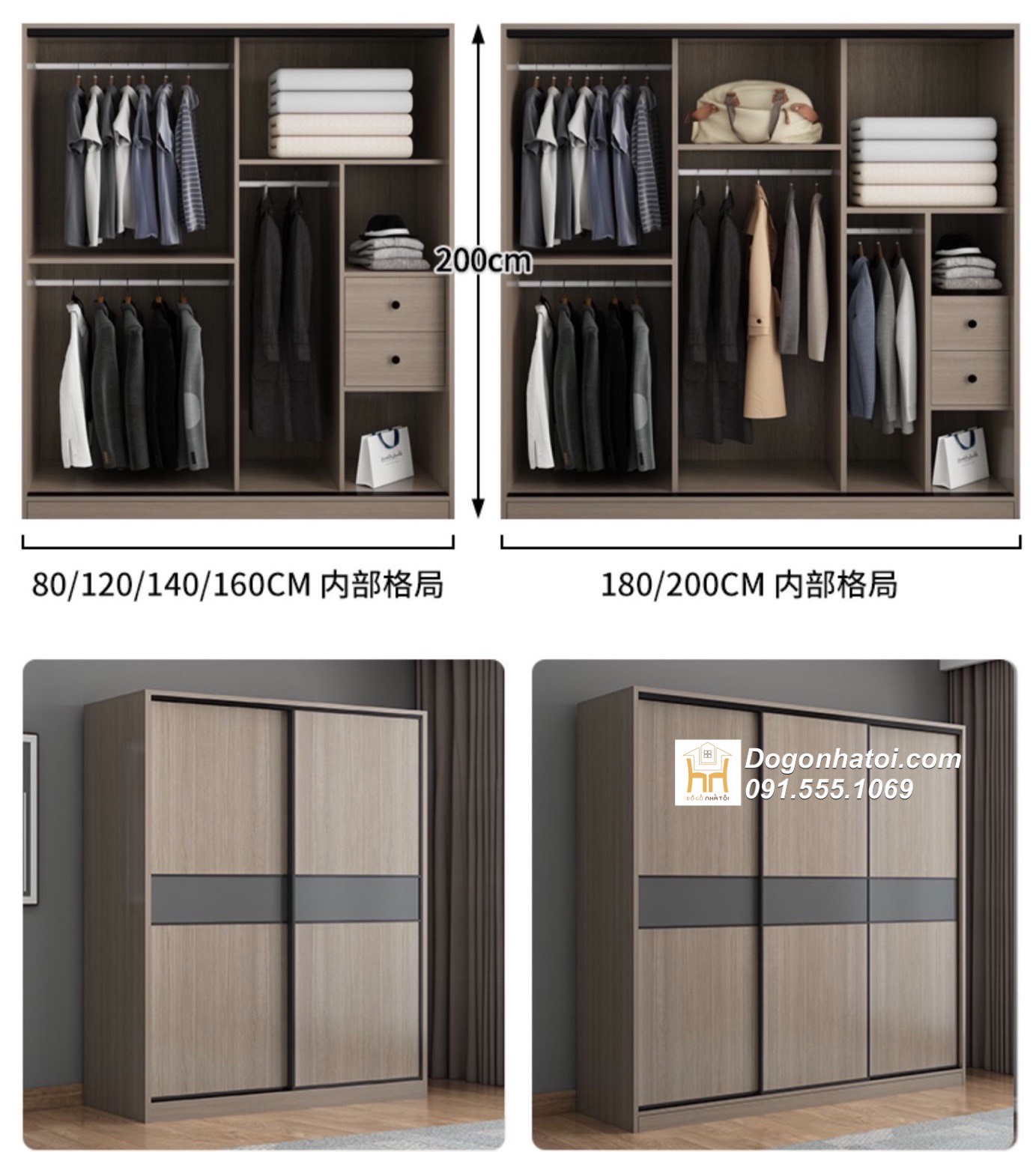 Mẫu tủ quần áo kéo 3 buồng hiện đại C2m4 x D1m8 - TA236