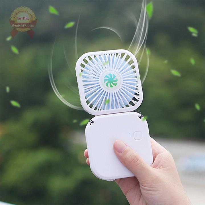 Quạt mini cầm tay đeo cổ tích điện để bàn hình vuông gấp gọn 3 tốc độ siêu mát pin sạc USB tiện lợi đi chơi du lịch