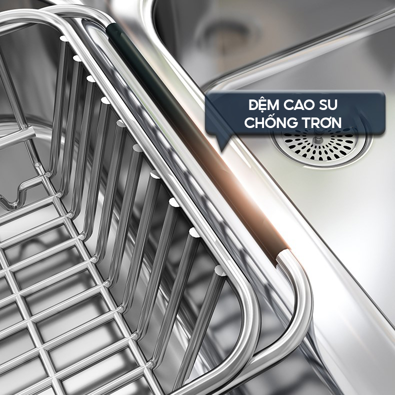 Khay Inox Gác Bồn Rửa VANDO Giá Rổ Đa Năng Co Giãn Rửa Rau, Trái Cây, Úp Chén Đĩa