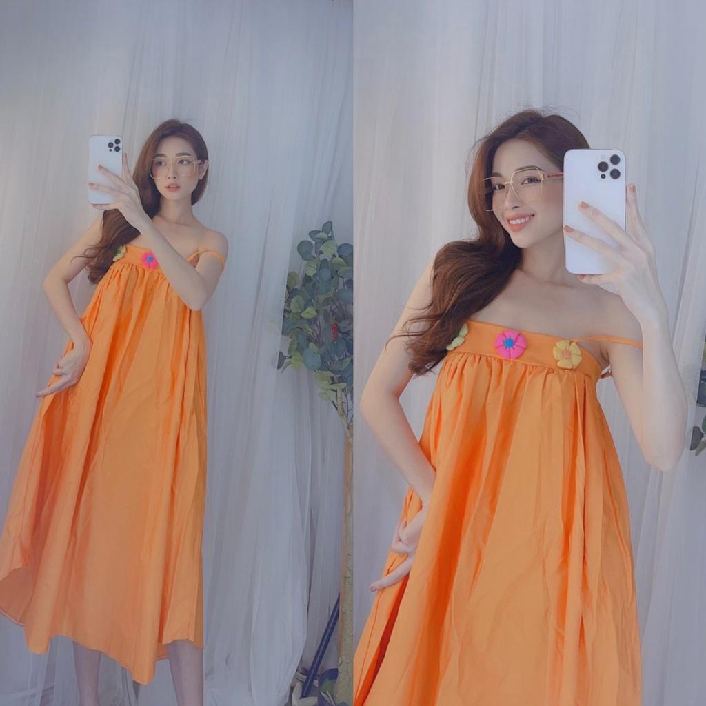 Đầm hai dây dáng suông dài phối hoa nổi vạt bầu hình thật siêu đẹp bkfrreship
