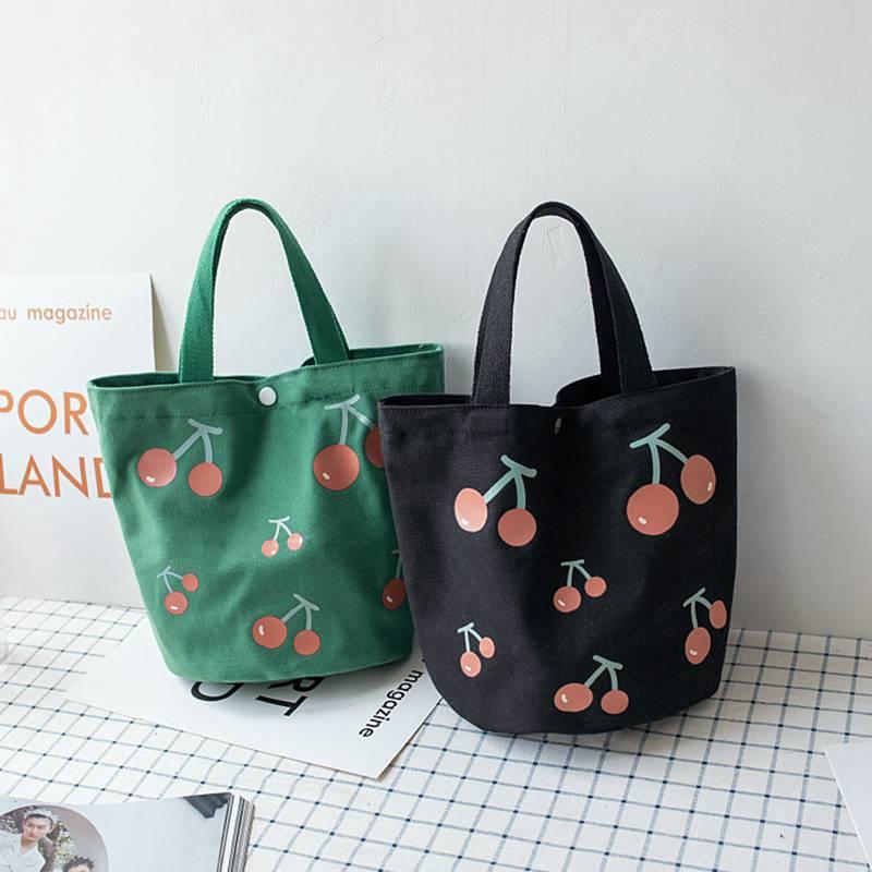 Túi Vải Canvas Đựng Hộp Cơm In Hình Quả Cherry Dễ Thương