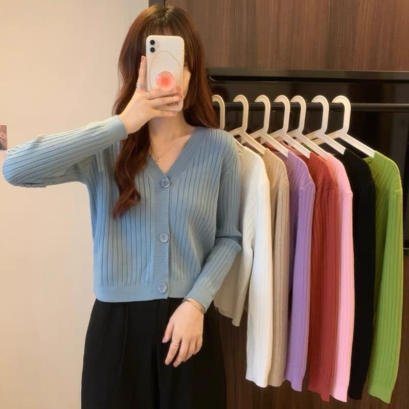 Áo khoác cardigan len dệt kim nữ kiểu cổ tim tay dài chất len gân phong cách Ulzzang Hàn Quốc trẻ trung phong cách