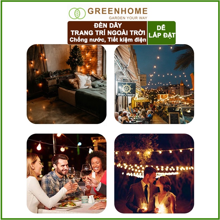 Dây Đèn Led Ngoài Trời Greenhome Bộ 5m +10 Bóng 3W, Màu Vàng Ấm, Chống Nước, Trang Trí Ban Công, Sân Vườn, Quán Cafe