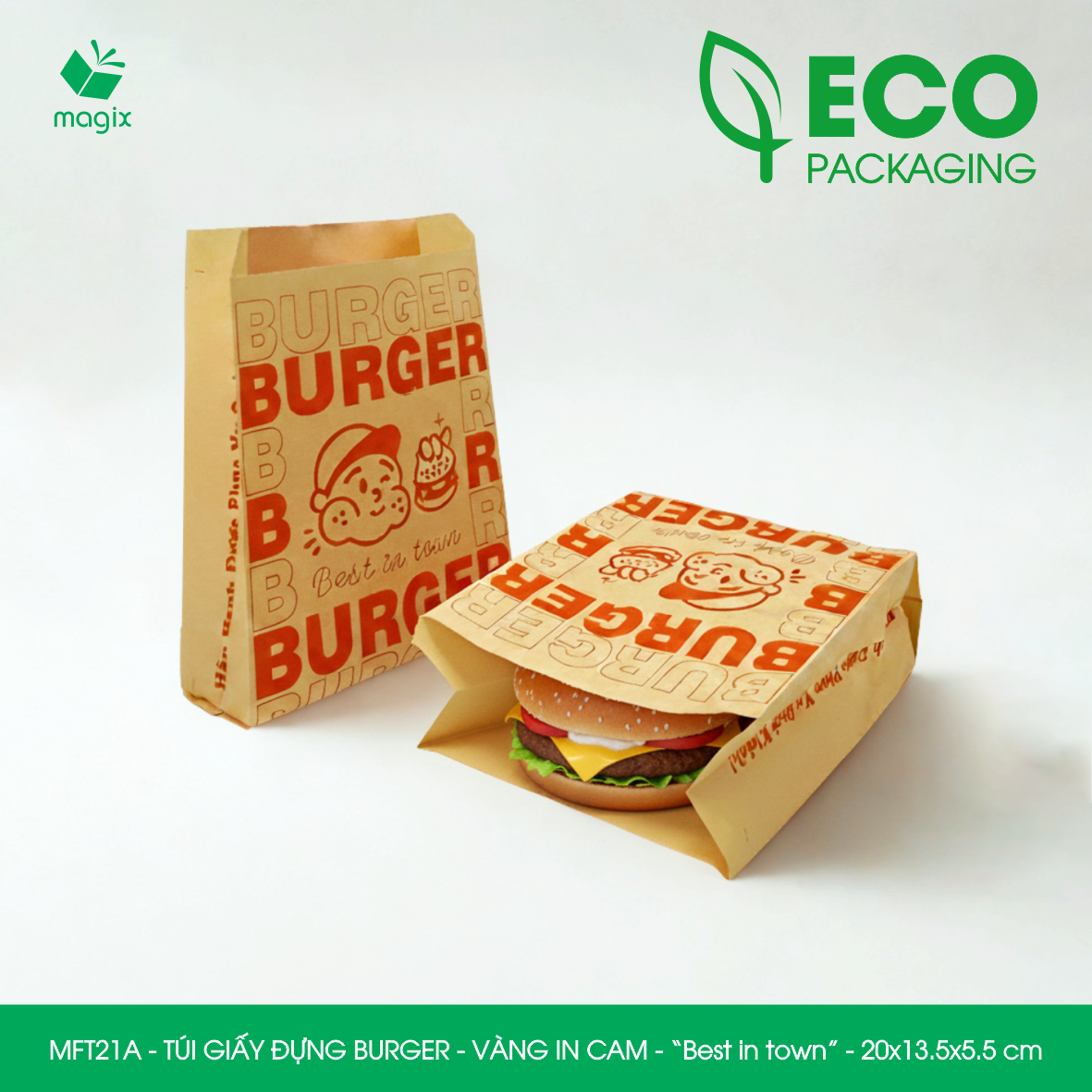 MFT21A - 20x13.5x5.5 cm - 100 Túi giấy Kraft đựng hamburger, túi giấy burger, túi đựng thực phẩm