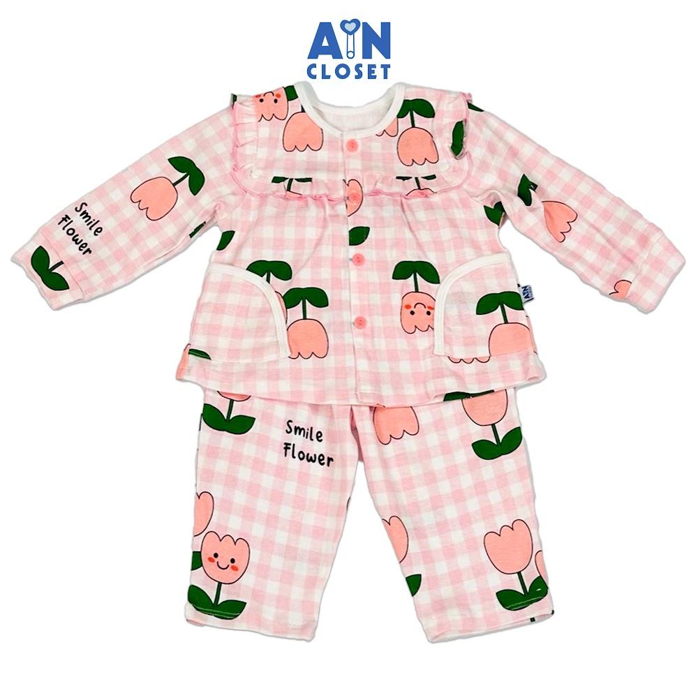 Bộ quần áo Dài bé gái họa tiết Caro Tulip Hồng Thun cotton - AICDBGOUEZBO - AIN Closet