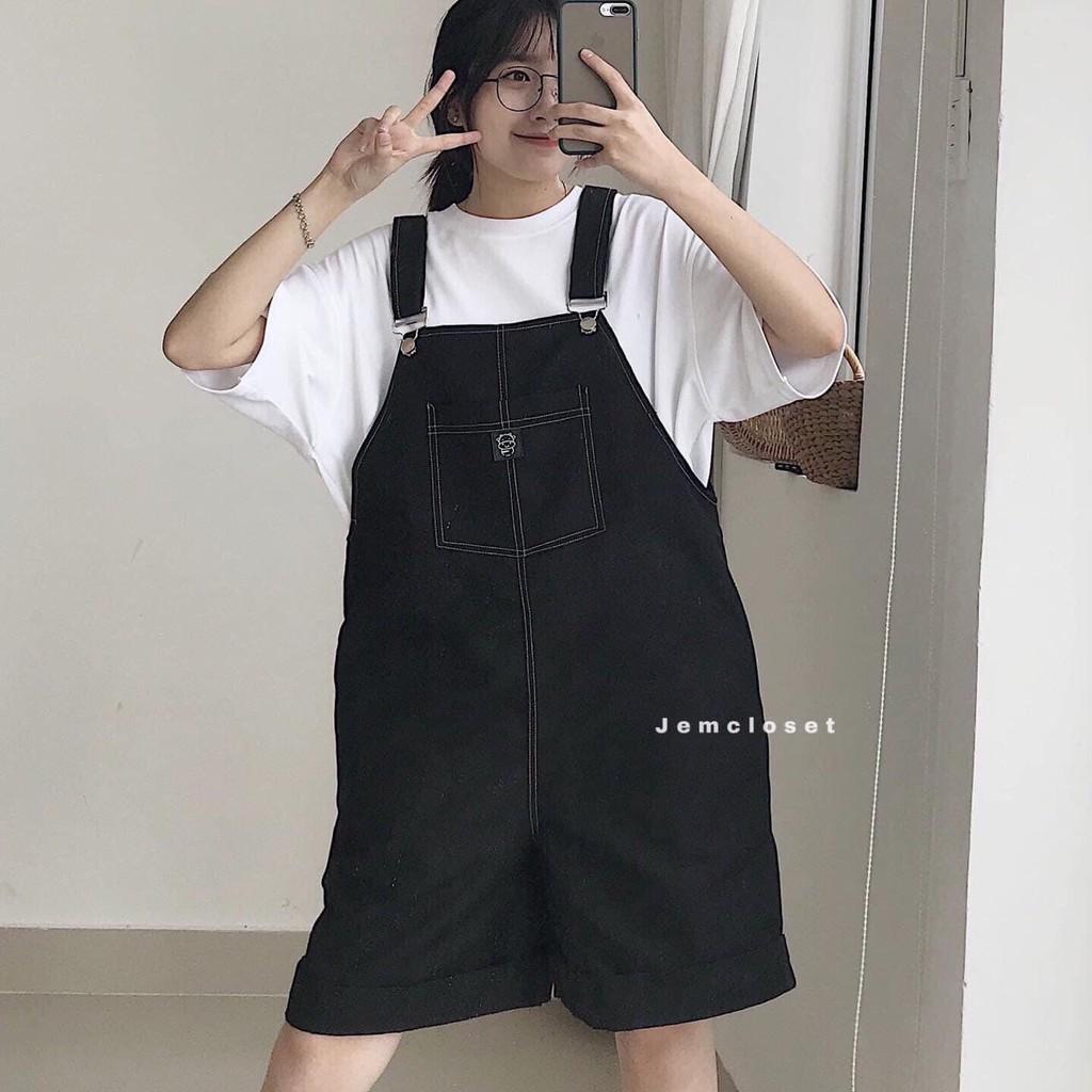 [RẺ VÔ ĐỊCH] Quần Yếm Nữ Dáng Xuông Ulzzang Yếm Kaki Đùi Lửng Form Rộng Unisex Có 2 Túi Trước 2 Màu Đen Trắng - phông trơn đen