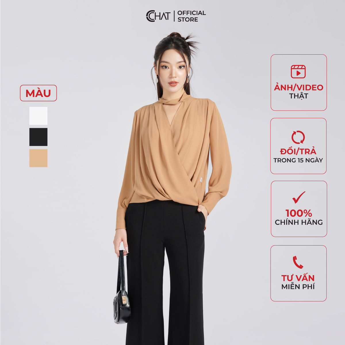 Áo Kiểu Nữ Cổ Xoắn Xếp Ly Bom Gấu Chất Voan Cao Cấp Mềm Nhẹ 53ADV2010ST