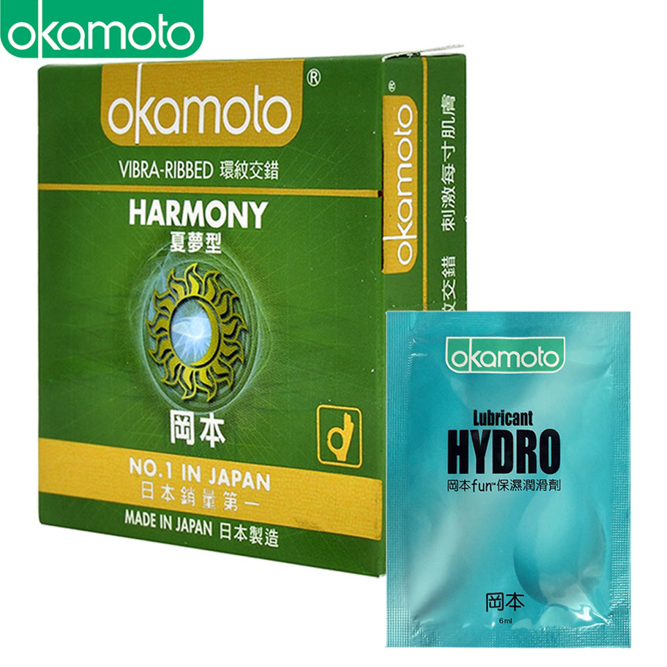 Bao Cao Su Okamoto Harmony Gân Sọc Hộp 3 Cái - Tặng 1 Gói Gel Bôi Trơn Hydro