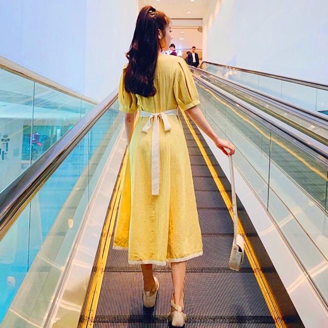 Đầm Suông Dài Vàng Cột Eo Freesize