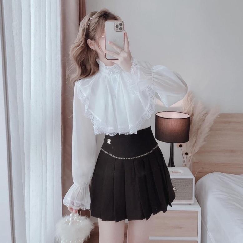 Áo sơ mi babydoll tiểu thư 2 lớp phối ren ulzzang nữ tính, mầu đen, trắng, be, cocoland