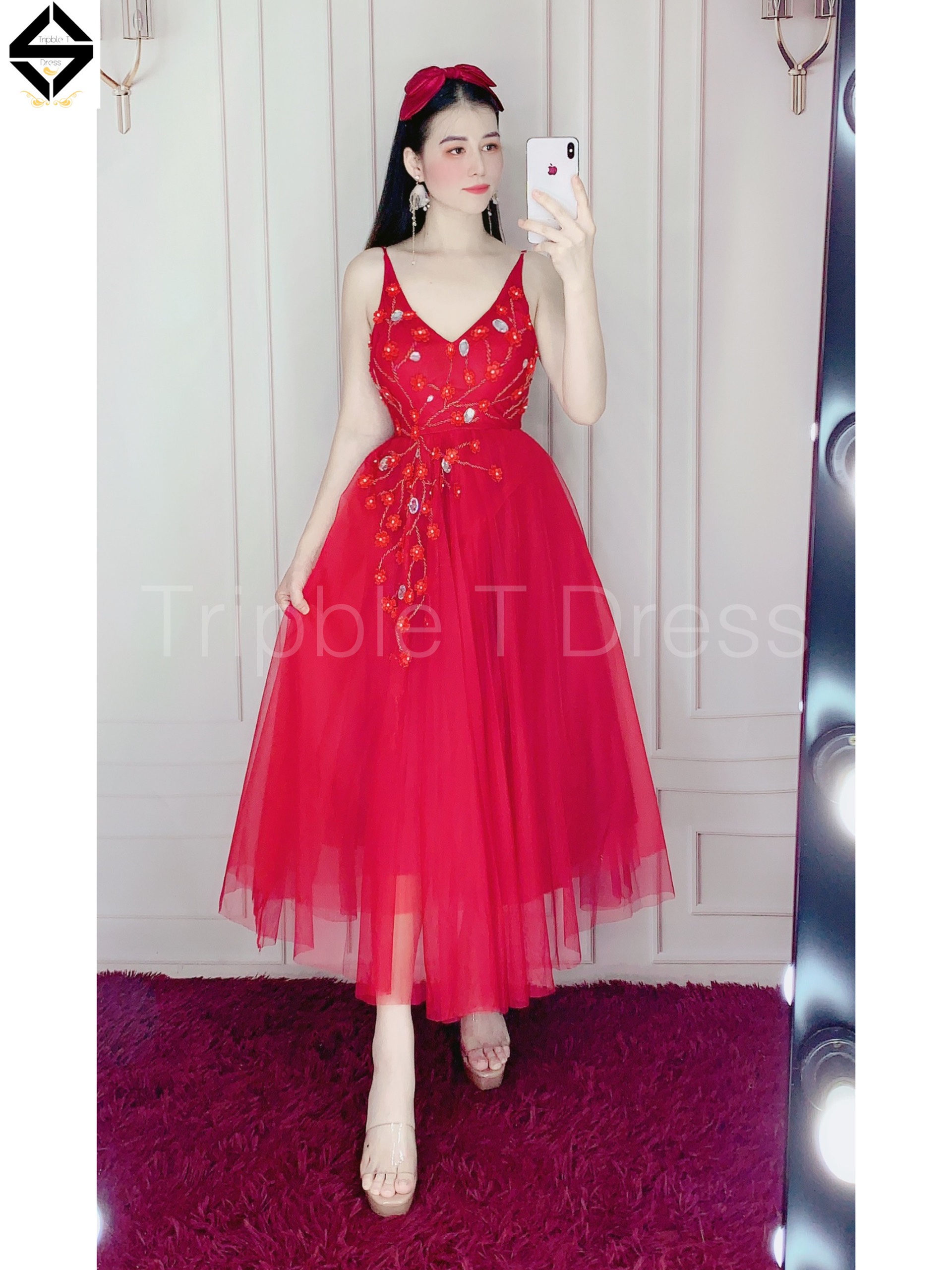 Đầm dự tiệc 2 dây kết cườm và hoa mai nổi TRIPBLE T DRESS - size M/L - MS301V