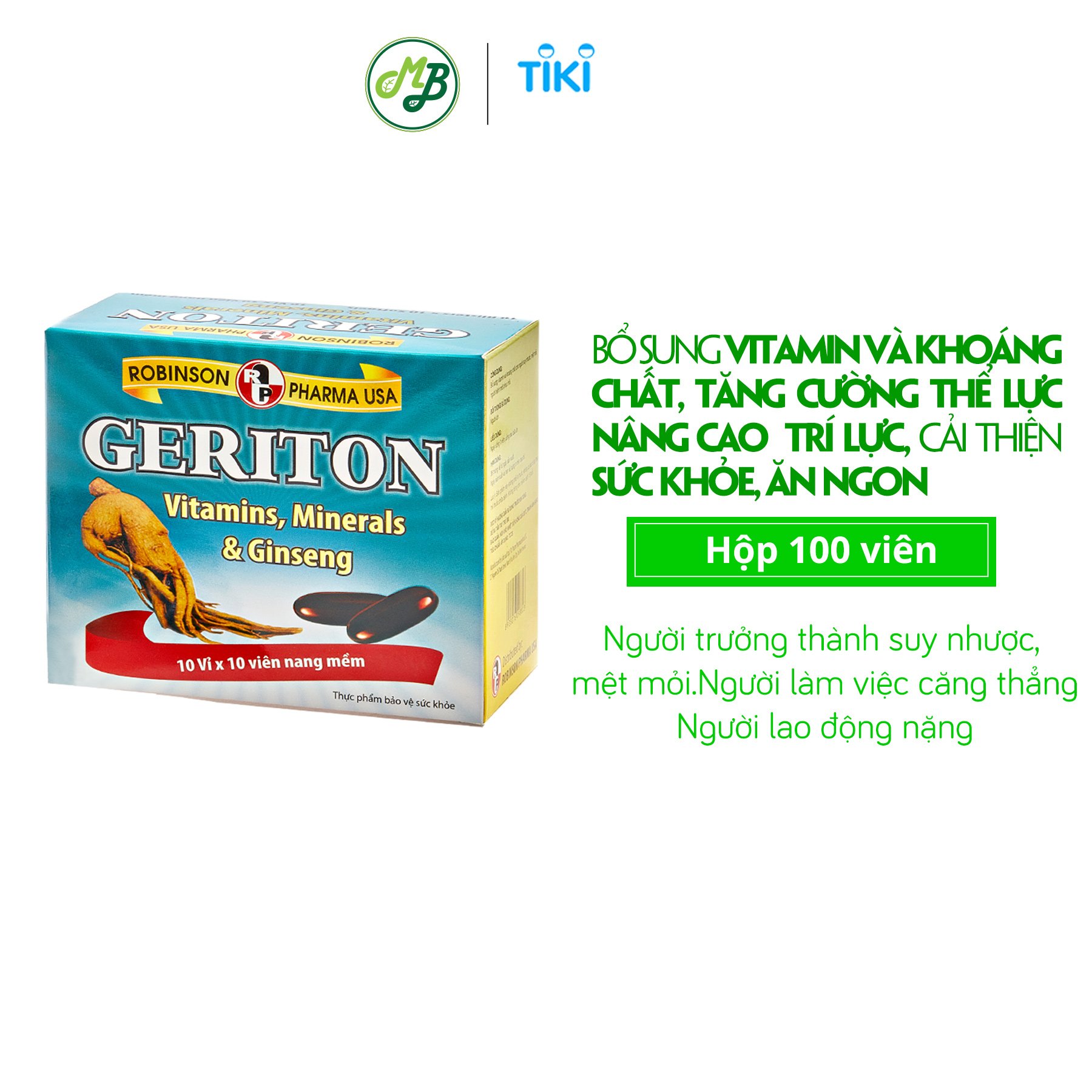 TPCN tăng cường thể lực chứa cao nhân sâm Hàn Quốc, vitamin -khoáng chất – GERITON – Robinson Pharma USA-Hộp 100 viên