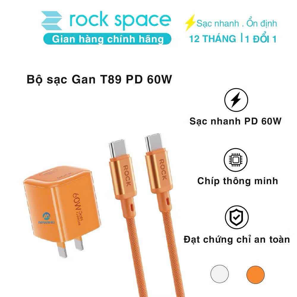 Bộ củ cáp sạc nhanh typeC PD 60W RockSpace T89 cáp typeC to TypeC - Hàng chính hãng bảo hành 12 tháng