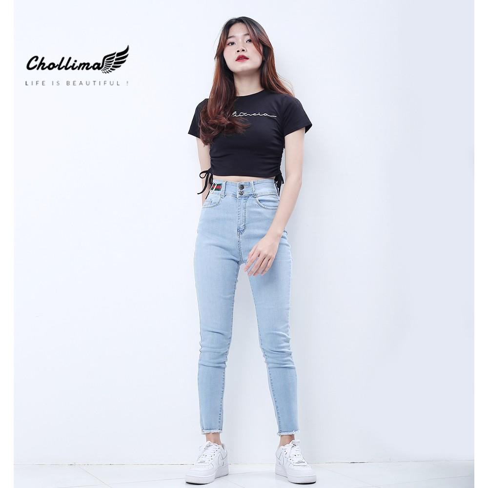 Quần jeans nữ co giãn Chollima cạp siêu cao đắp nịt màu xanh trắng QD025