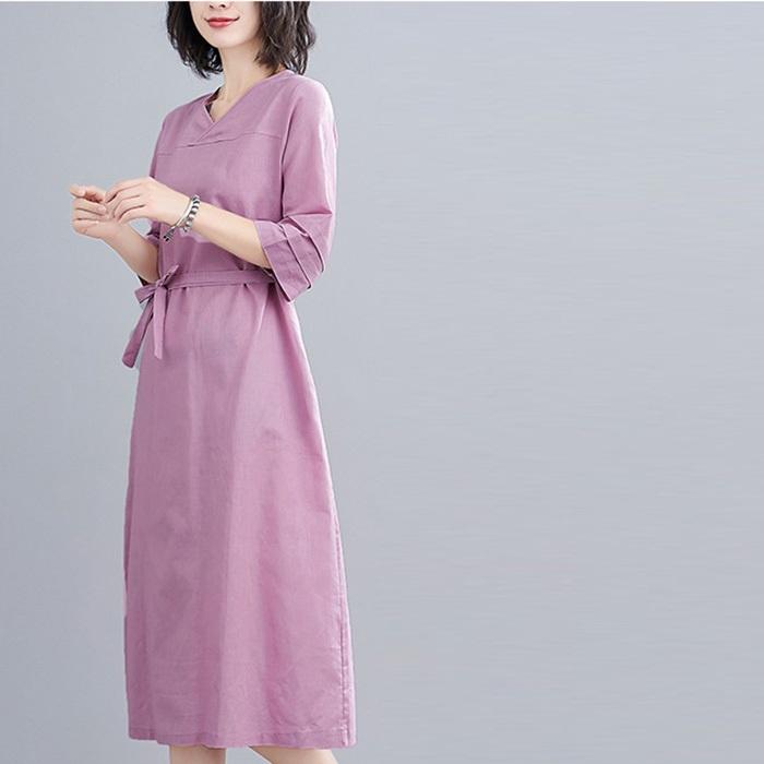 Đầm suông linen cổ tim chồng tay lỡ, thời trang hè thu - Tím nhạt