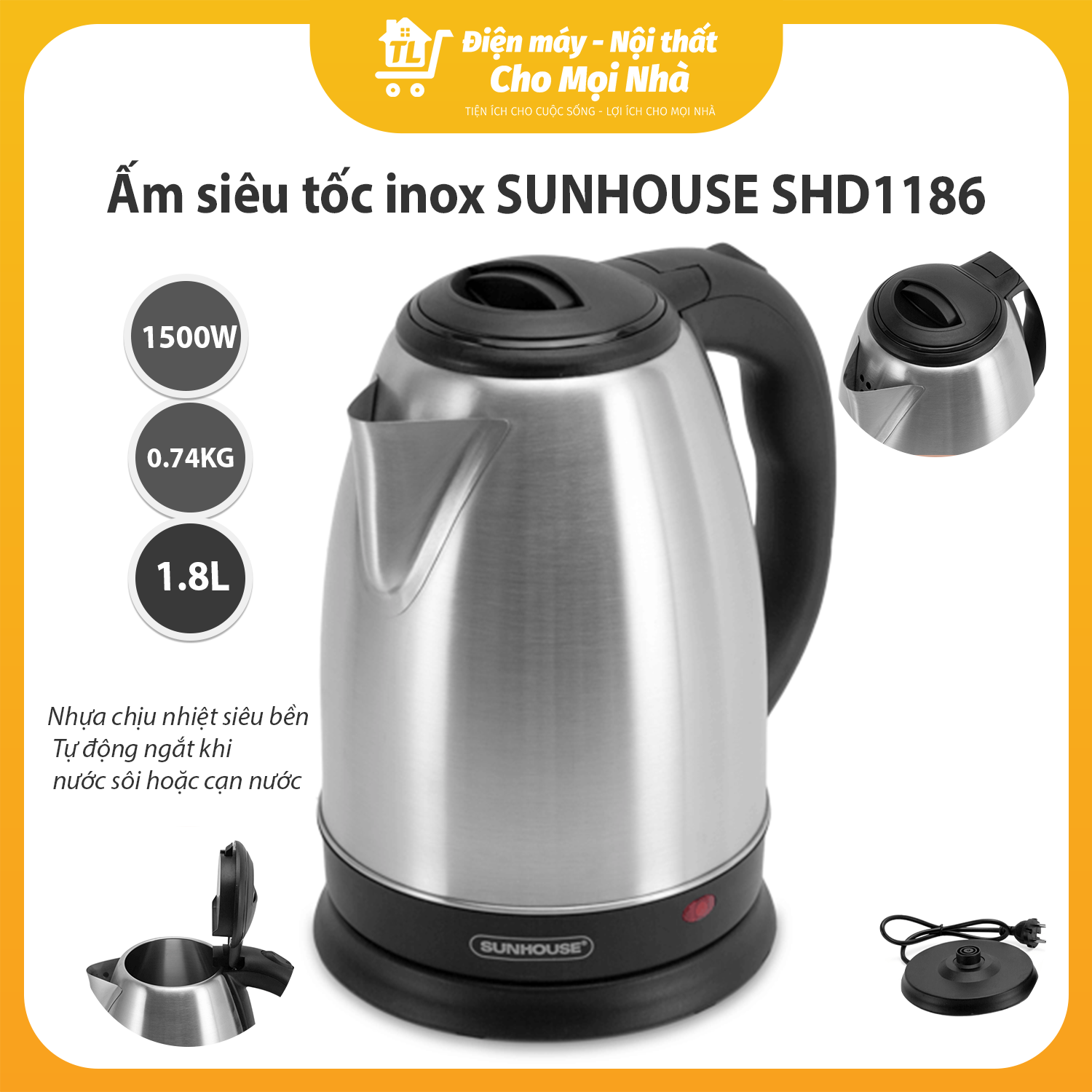 Ấm Siêu Tốc Inox Sunhouse SHD1186 (1.8 lít) - Hàng chính hãng