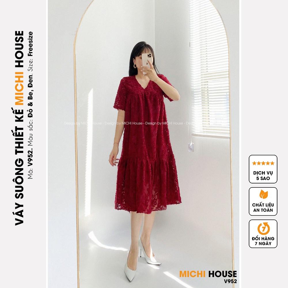 Đầm Suông Dài Rộng MICHI House Váy Xuông Thiết Kế Cổ Tim Ngắn Tay Freesize Thoải Mái, Bầu Mặc Cũng Xinh V952