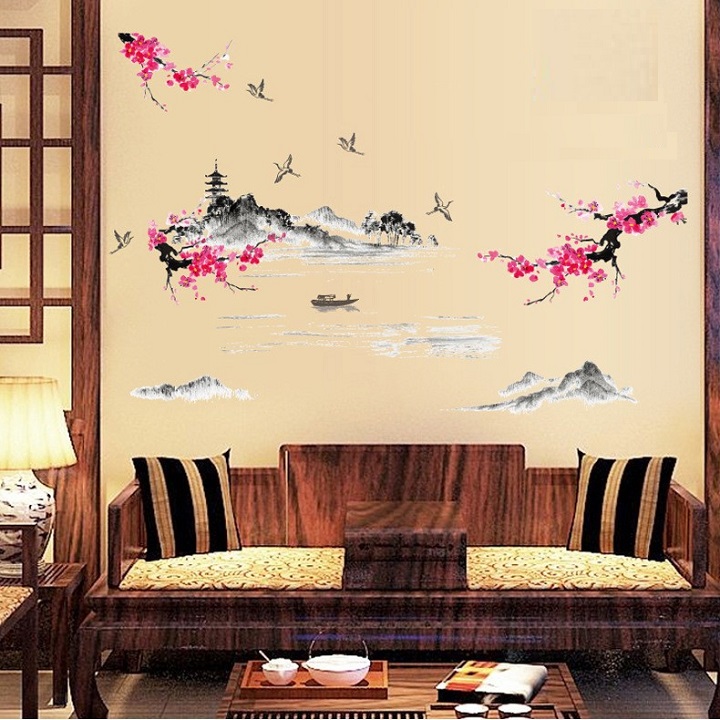 Decal dán tường sơn thủy á đông cành đào nở rộ