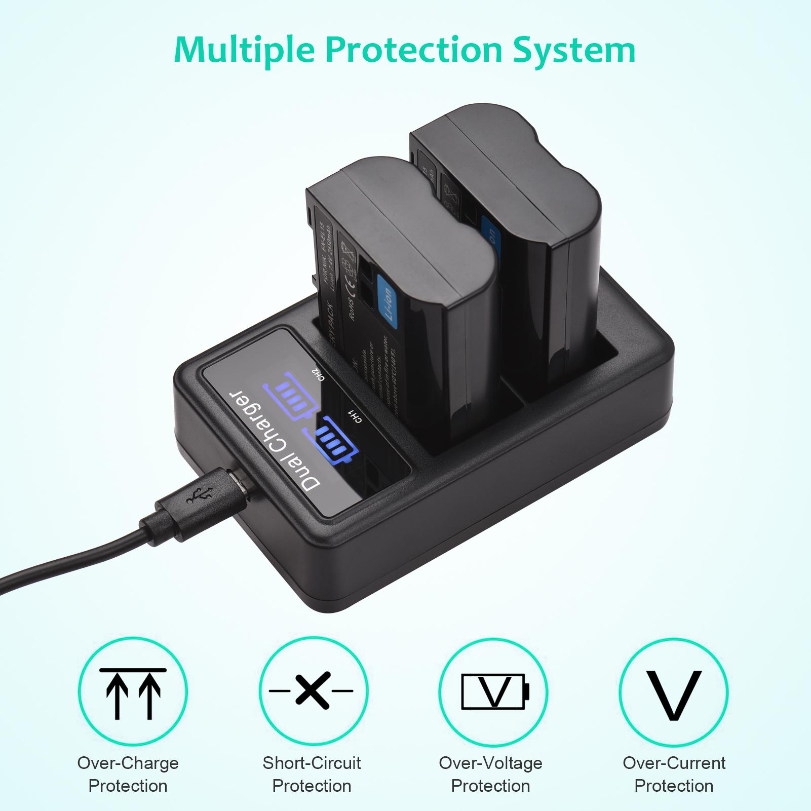 EN-EL15 Battery & Charger Kit 2pcs 7.4V 2550mAh Battery + 1pc Dual Channel Battery Charger LED Screen Display for Nikon