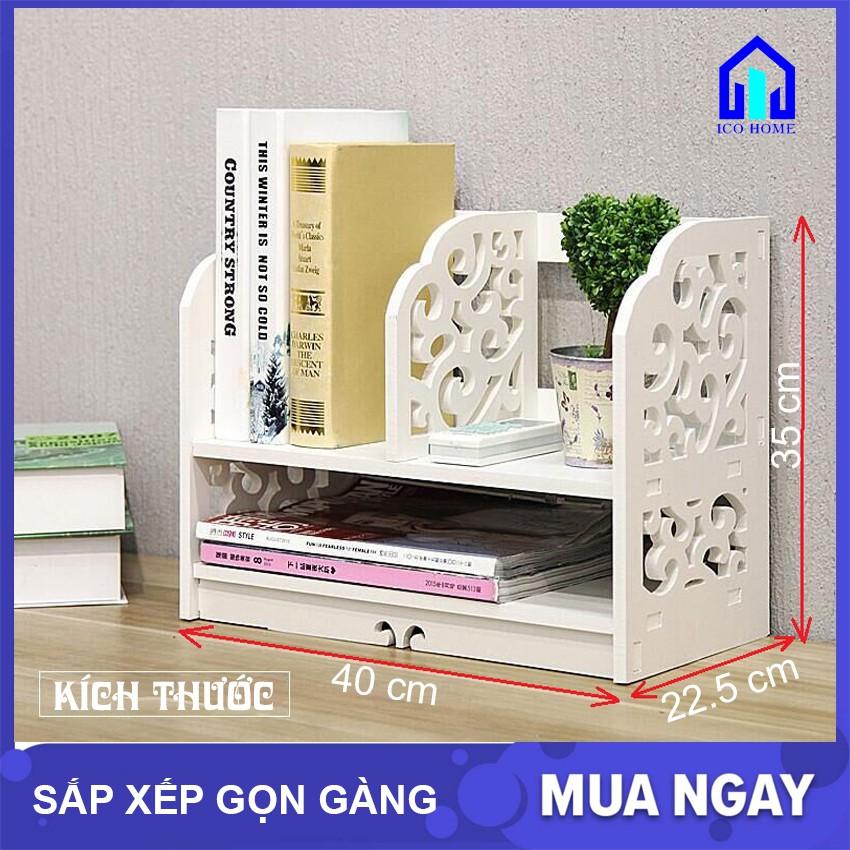 Kệ sách để bàn bằng gỗ hoa văn đẹp dễ dàng lắp ghép có nhiều ngăn, để bàn học bàn làm việc văn phòng - ICO HOME