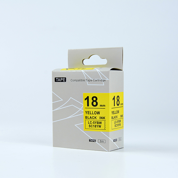 Tape nhãn in tương thích SC18YW (LC-5YBW) dùng cho máy in nhãn KingJim SR & EPSON LW (chữ đen nền vàng, 18mm)