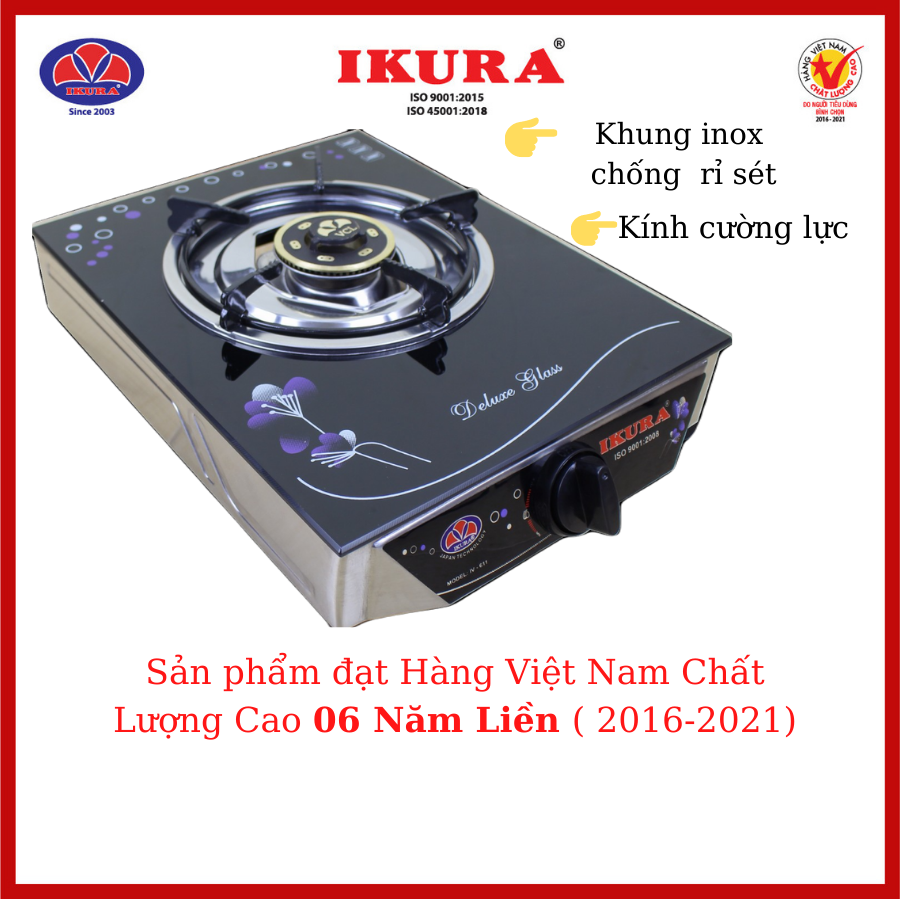  Bếp Gas Đơn Cao Cấp IKURA (IV 611) - Đầu đốt bằng đồng - Hàng Chính Hãng