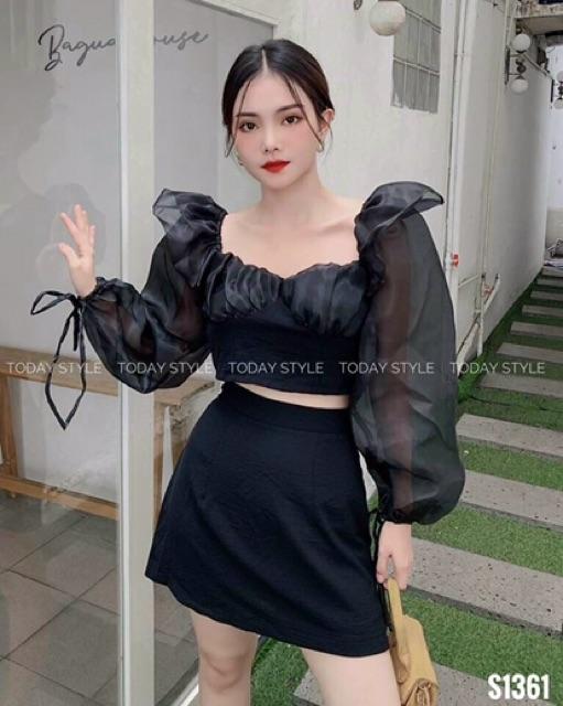 Sét áo đũi nhăn tay phồng phối voan tơ có mút ngực kèm chân váy umi xinh lung linh