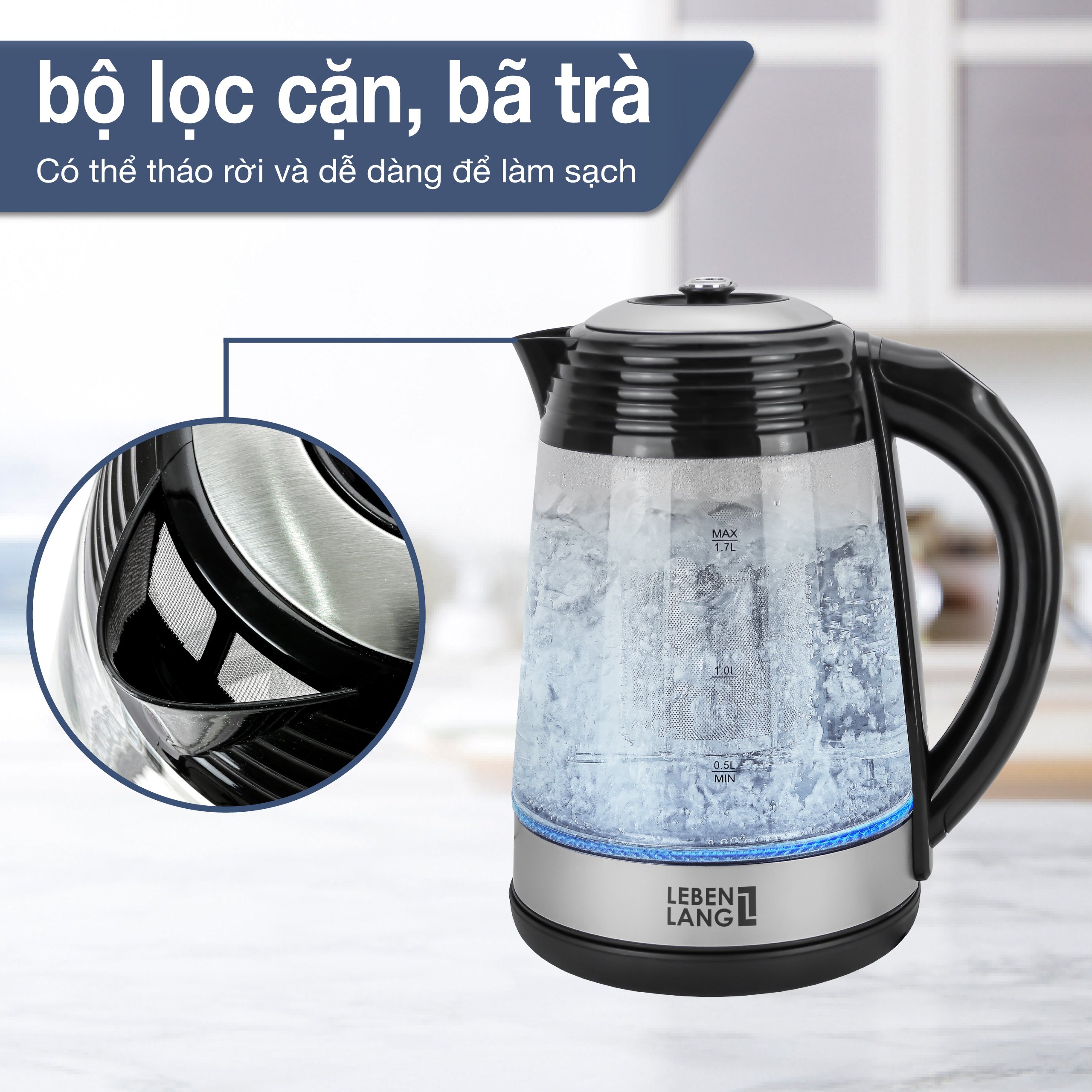 Ấm siêu tốc LEBENLANG LBT2676 bằng thủy tinh, dung tích 1.8 lít, điều khiển nhiệt độ tùy ý, lõi lọc trà có thể tháo rời - hàng chính hãng