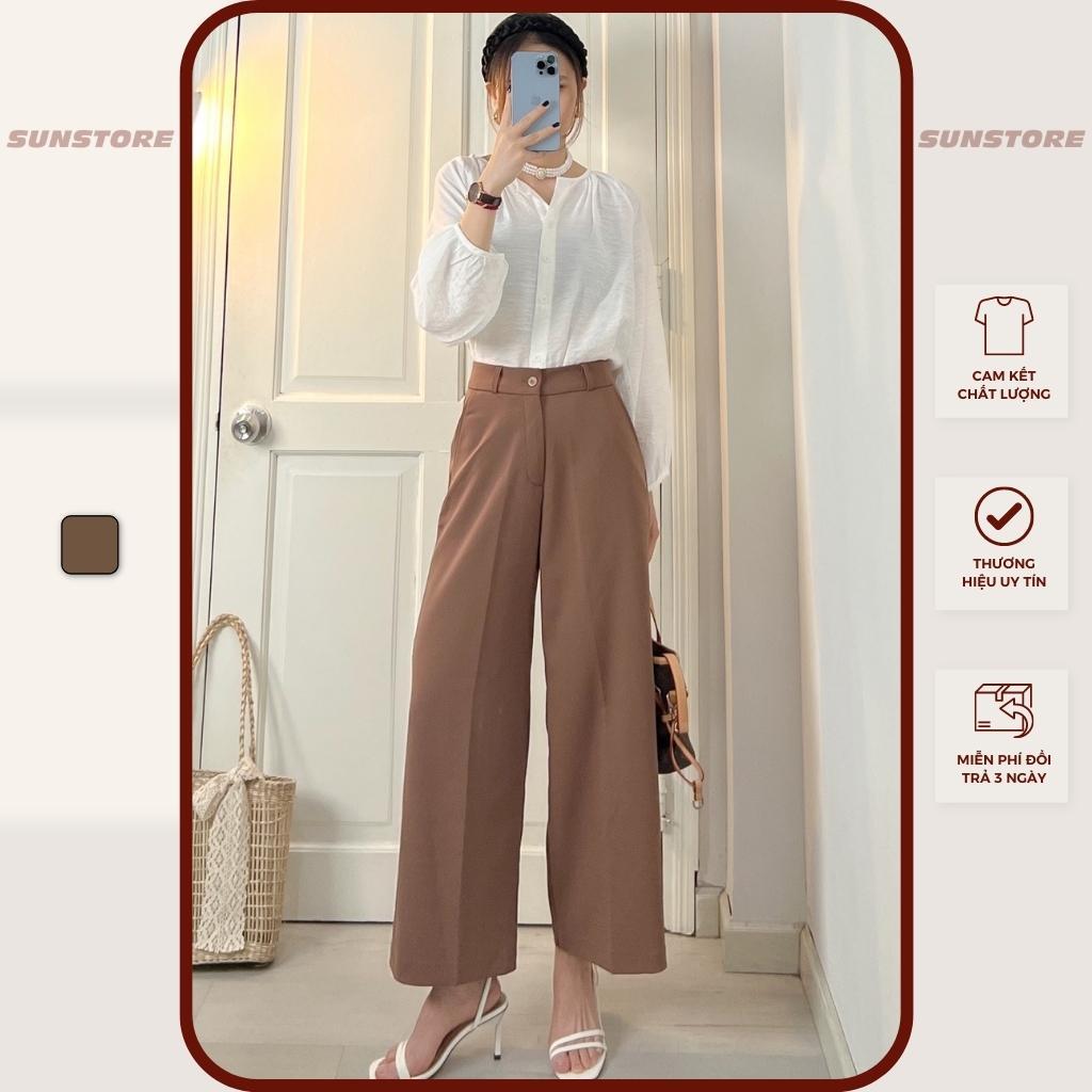 Quần lửng ống rộng nữ culottes lưng cao cạp cao vải dáng suông màu nâu và đen - Sunstore - Đen, Đen