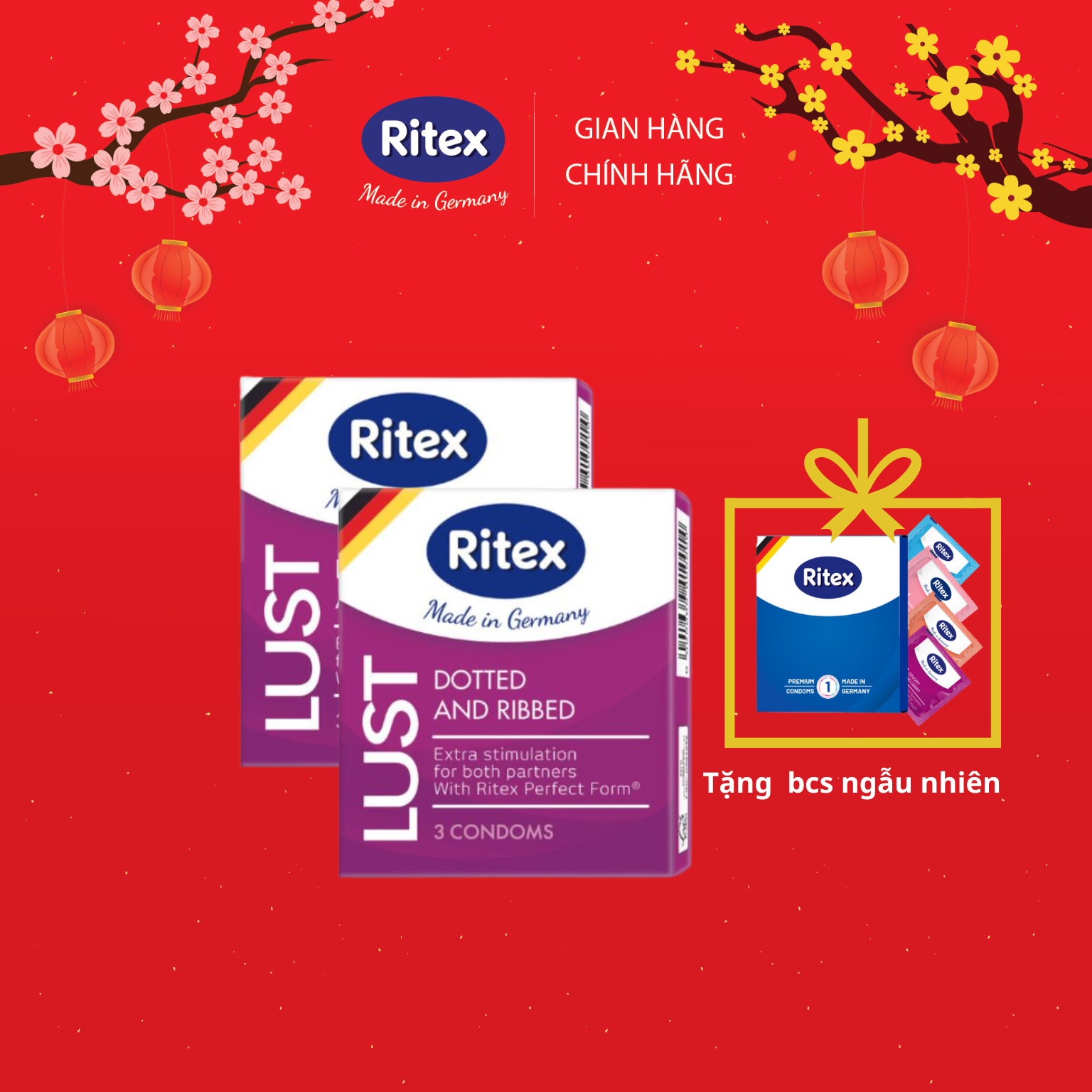 Bộ 02 hộp bao cao su RITEX LUST, gân gai đan xen, hộp 3 chiếc