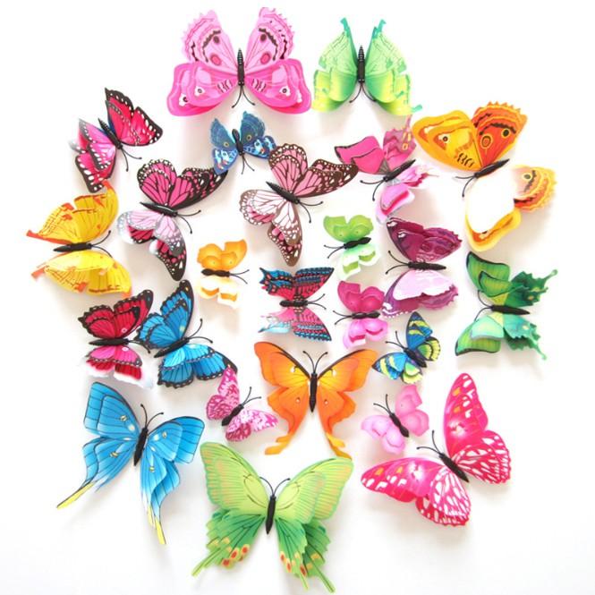 Bộ 12 bướm dán tường cánh kép và cánh đơn 3D nhiều mẫu lựa chọn