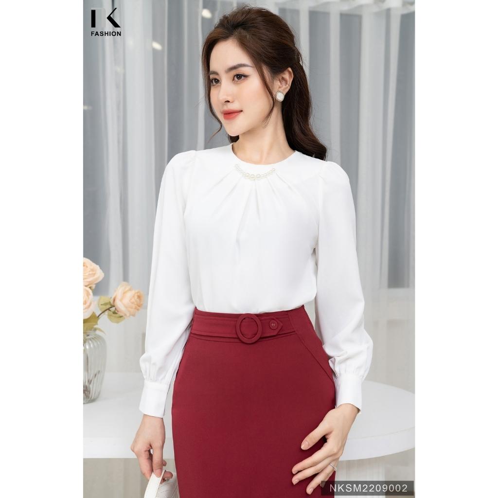 Áo Sơ Mi Công Sở Dài Tay Cổ Đính Dây Ngọc NK FASHION Chất Vải Lụa Hàn Cao Cấp, Mềm Mại NKSM2209002