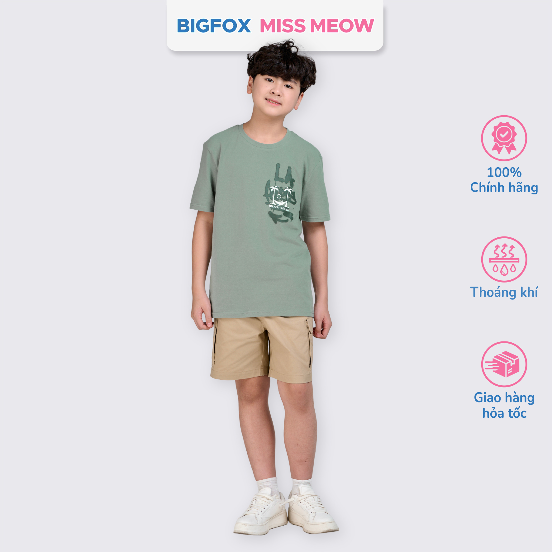 Áo cộc tay bé trai Bigfox Miss Meow size đại chất cotton in đẹp cỡ 12,13,14,15 tuổi 40kg 50kg