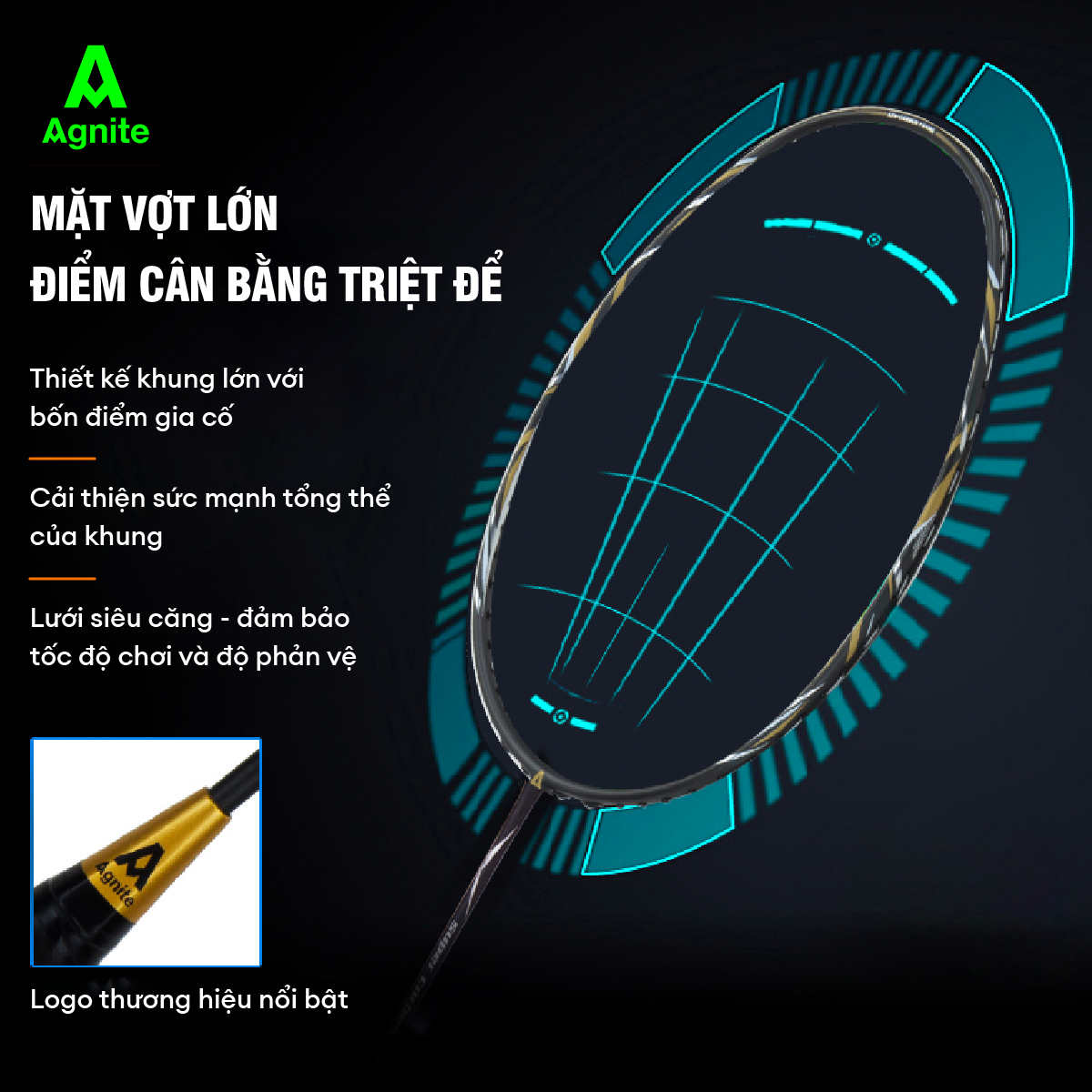 Vợt cầu lông đơn cao cấp chơi chuyên nghiệp Agnite, 100% CARBON, khớp nối liền siêu bền nhẹ tặng kèm phụ kiện