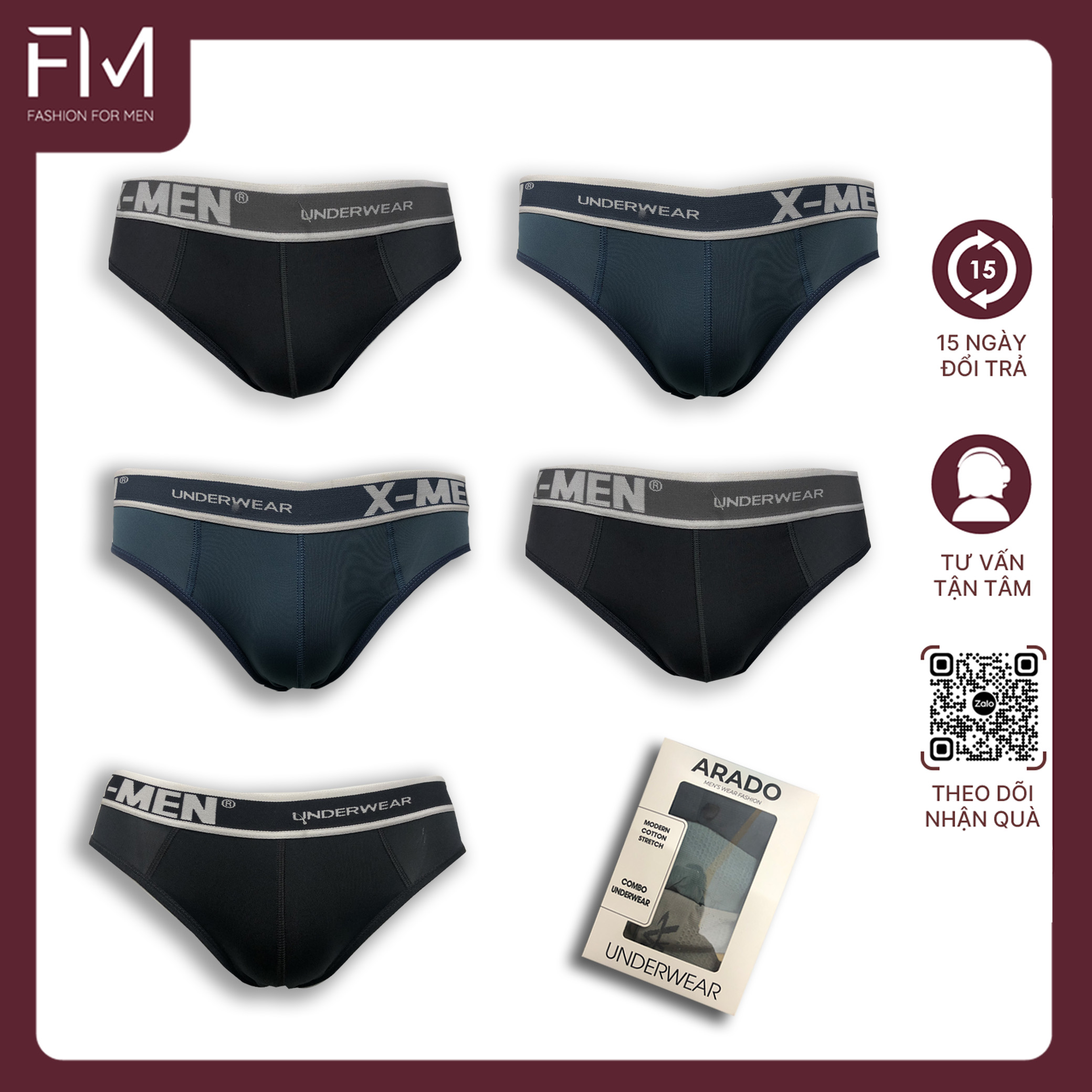 Combo 5 quần sịp nam, kiểu dáng ôm mông chất thun cotton thấm hút co giãn tốt - FORMEN SHOP - FM5QS005
