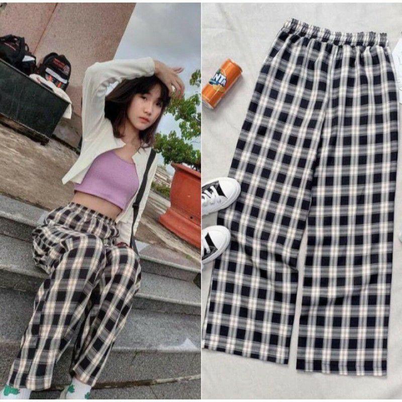 Quần Kẻ Nữ Cạp Chun Caro Lưng Cao Dáng Rộng Ống Suông ulzzang full màu hot Bống Store