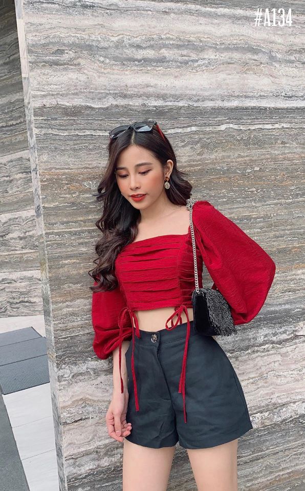 Áo croptop xếp ly cột nơ