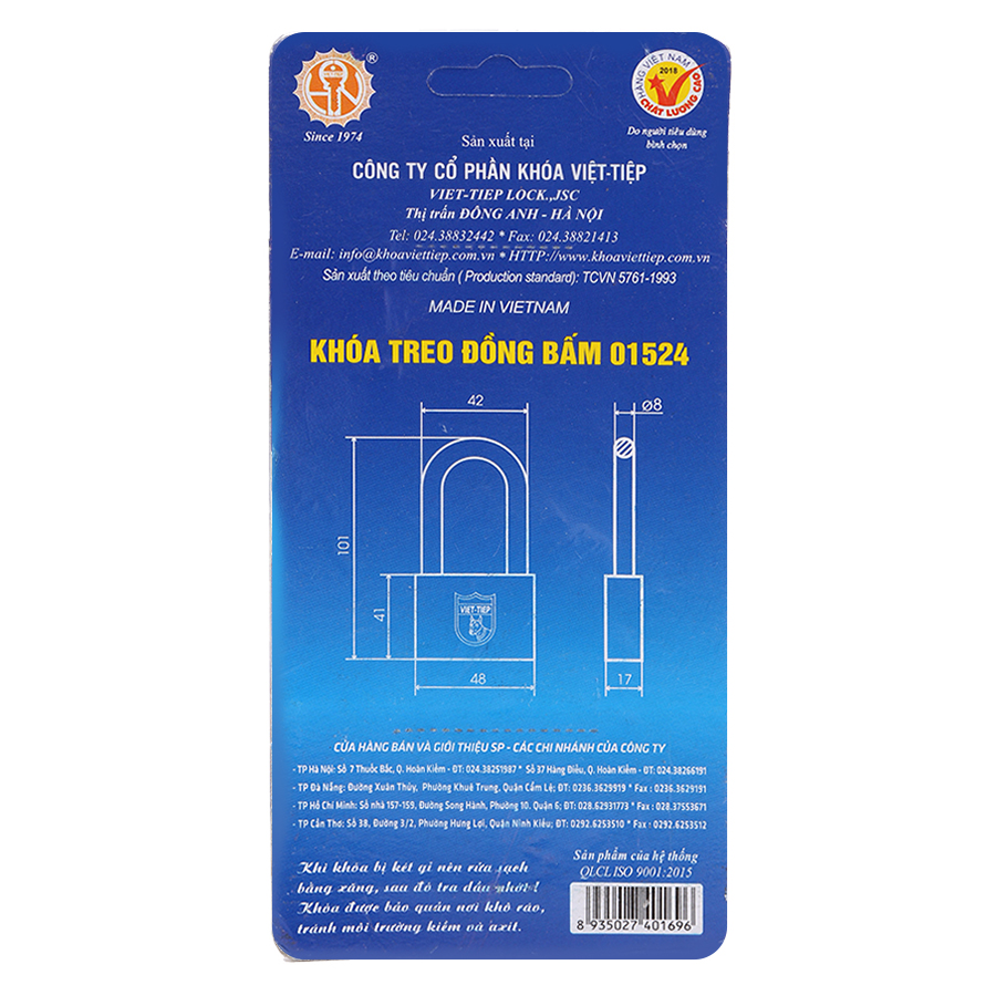 Ổ Khoá Việt Tiệp Cầu Dài 101 x 48 Ống Phi 8mm